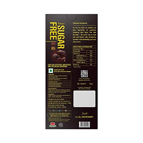 Amul Sugar Free Dark Chocolate- 55% Rich in Cocoa, 150 gm (Pack of 2 ...