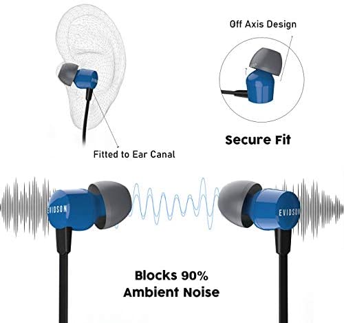 Evidson Vibe Blue in-Ear Wired Earphones with Mic, 2X Bass, Off-Axis Ergonomic fit, HD Sound Mobile Headset with Noise Cancellation, Made in India (Blue)
