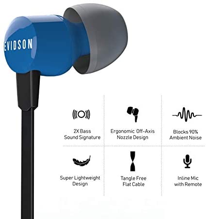 Evidson Vibe Blue in-Ear Wired Earphones with Mic, 2X Bass, Off-Axis Ergonomic fit, HD Sound Mobile Headset with Noise Cancellation, Made in India (Blue)