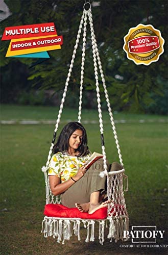 Patiofy Made in India Premium Swing Chair for Adults,Kids Hammock-Hanging Chair Swing with Cushion and Accessories (White)