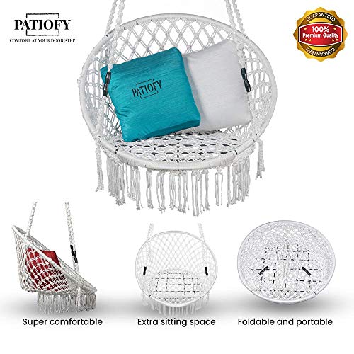 Patiofy Made in India Premium Comfy Series Swing Chair Hammock Hanging Cotton Chair with Cushion & Accessories for Indoor & Outdoor/120 Kgs Capacity/Swing Chair with 1 Cushion for Kids & Adults-White