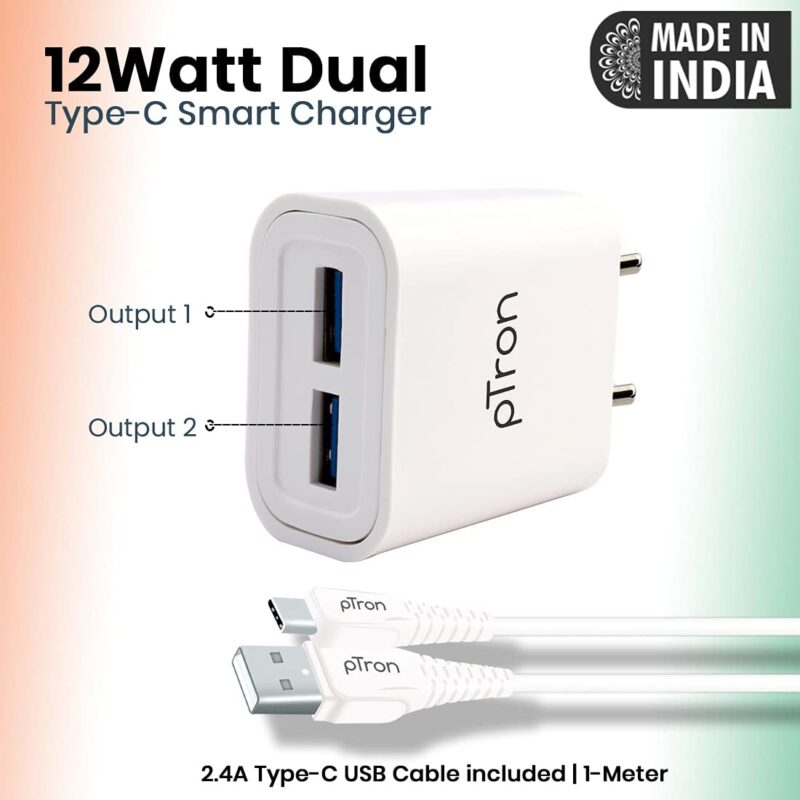 pTron Volta Evo 12W Single USB Smart Charger with 2.4A Type-C USB 1-Meter Cable, Made in India, BIS Certified Fast Charging Power Adaptor – (White)