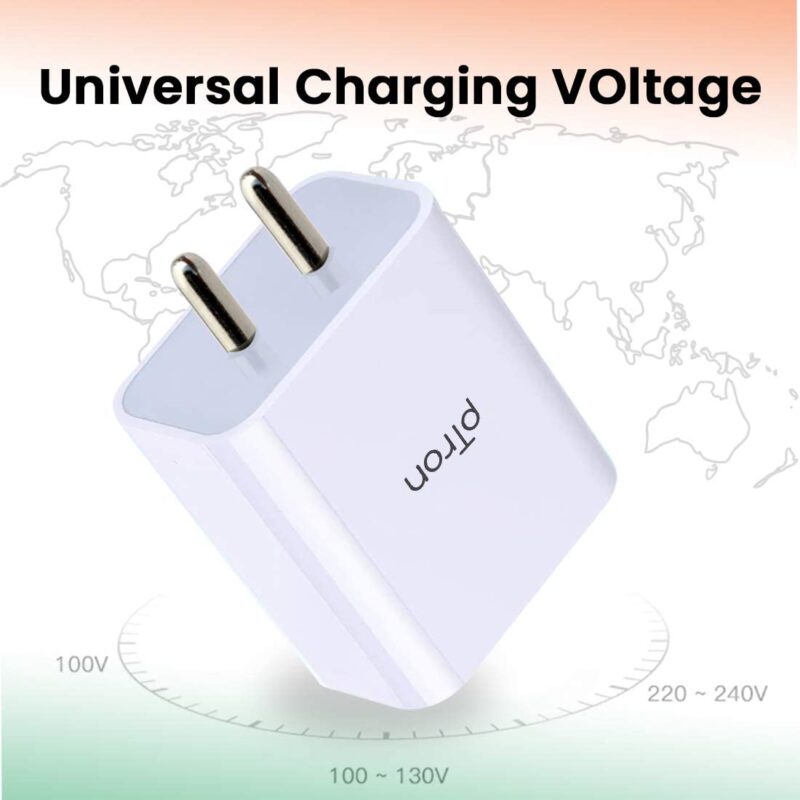 pTron Volta Evo 12W Single USB Smart Charger with 2.4A Type-C USB 1-Meter Cable, Made in India, BIS Certified Fast Charging Power Adaptor – (White)
