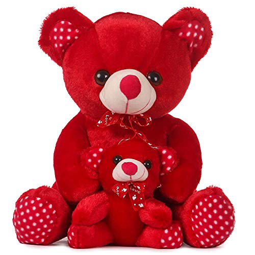 Besties Skin Freindly 100% Safe Mother Baby Teddy Bear Soft Toy/Stuffed Toy, Made in India (36cm, Red)