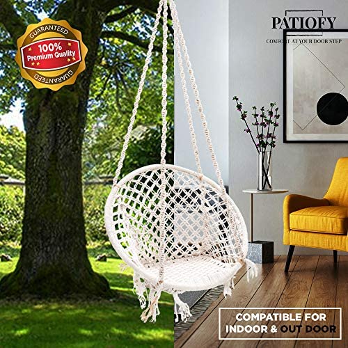 Patiofy Made in India Handmade Cotton Large Size Swing Hammock Chair with Complete Hanging Kit and 120 Kg Capacity for Comfort Indoor and Outdoor (White)
