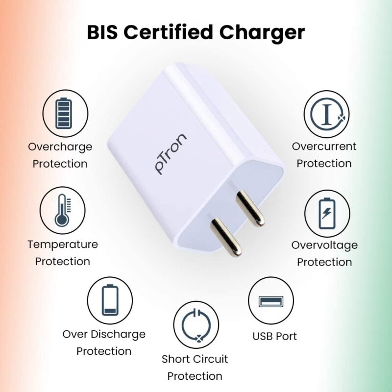pTron Volta Evo 12W Single USB Smart Charger with 2.4A Type-C USB 1-Meter Cable, Made in India, BIS Certified Fast Charging Power Adaptor – (White)