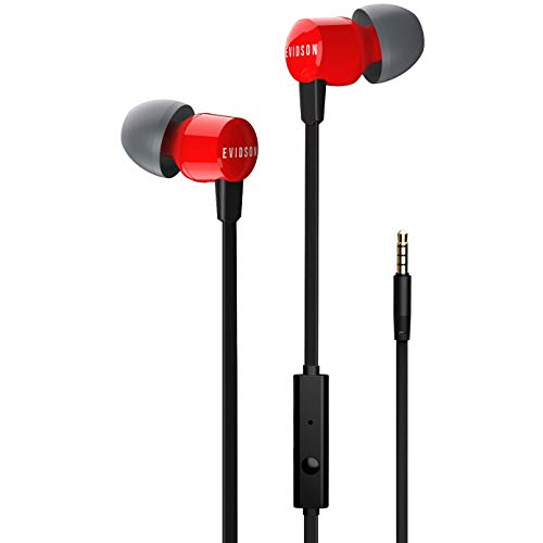 Evidson Vibe Red in-Ear Wired Earphones with Mic, 2X Bass, Off-Axis Ergonomic fit, HD Sound Mobile Headset with Noise Cancellation, Made in India (Red)