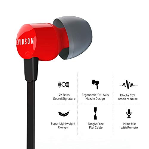 Evidson Vibe Red in-Ear Wired Earphones with Mic, 2X Bass, Off-Axis Ergonomic fit, HD Sound Mobile Headset with Noise Cancellation, Made in India (Red)