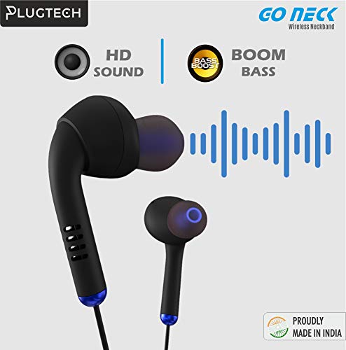 Plugtech Go Neck Wireless Earphones. Bluetooth Earphones, Powerful Bass, HD Sound, Upto 15hrs Playtime and Proudly Made in India – Black
