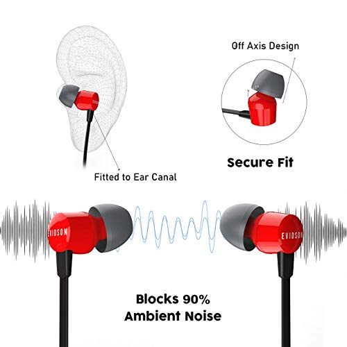 Evidson Vibe Red in-Ear Wired Earphones with Mic, 2X Bass, Off-Axis Ergonomic fit, HD Sound Mobile Headset with Noise Cancellation, Made in India (Red)
