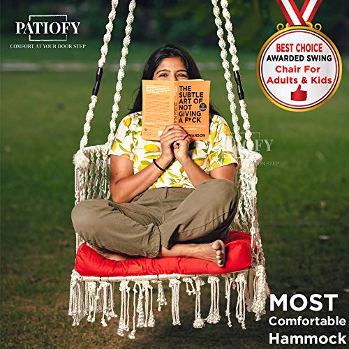 Patiofy Made in India Premium Swing Chair for Adults, Kids Hammock-Hanging Chair Swing with Free Cushion and Accessories (White)