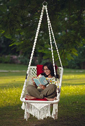 Patiofy Made in India Premium Square Shape Hammock-Hanging Cotton Chair Swing with Cushion and Accessories for Indoor and Outdoor/120 Kg Capacity/Swing Cushion/Chair Cushion for Kids and Adults(White)