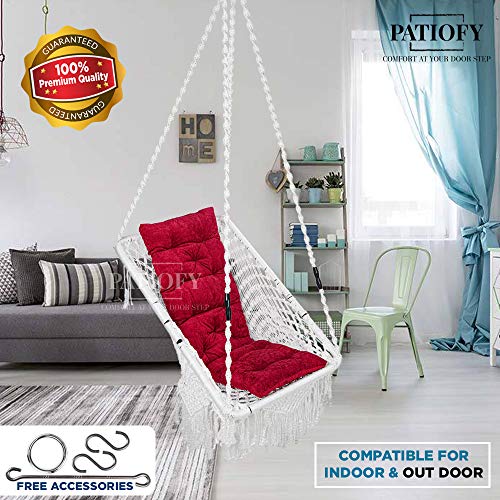 Patiofy Made in India Premium Square Shape Hammock-Hanging Cotton Chair Swing with Cushion and Accessories for Indoor and Outdoor/120 Kg Capacity/Swing Cushion/Chair Cushion for Kids and Adults(White)