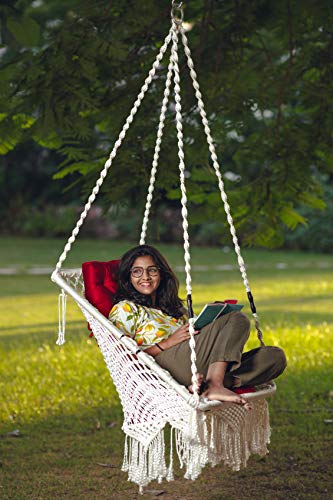 Patiofy Made in India Premium Square Shape Hammock-Hanging Cotton Chair Swing with Cushion and Accessories for Indoor and Outdoor/120 Kg Capacity/Swing Cushion/Chair Cushion for Kids and Adults(White)