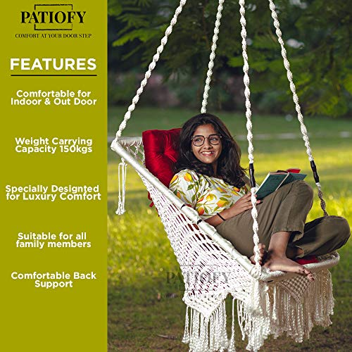 Patiofy Made in India Premium Square Shape Hammock-Hanging Cotton Chair Swing with Cushion and Accessories for Indoor and Outdoor/120 Kg Capacity/Swing Cushion/Chair Cushion for Kids and Adults(White)