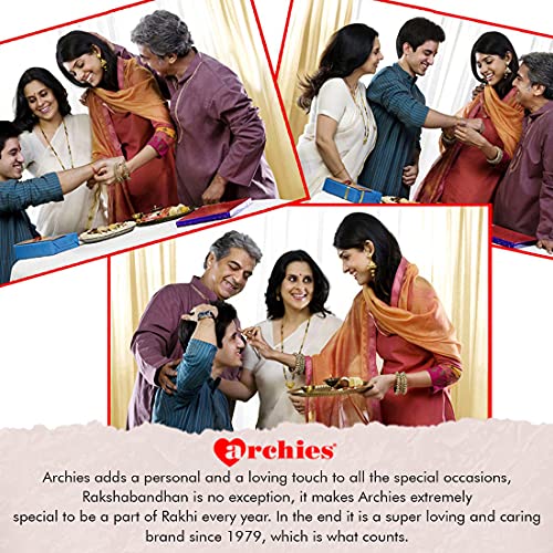 ARCHIES Rakhi For Brother Special Rakshabandhan Combo Set of 2 Rudraksh Bhaiya/ Bro/ Bhai Rakhis with Greeting Card, 2 Dairy Milk Chocolates 24 gms, Roli Chawal 10 gms Pack (Gift pack of 6)