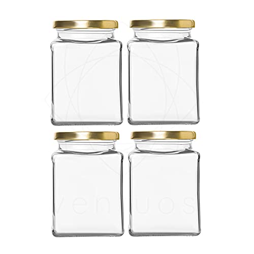 400 ml Kitchen Storage Glass Jar and Container with Rust Proof Air Tight Gold lid with Cap Set of 6, Clear (2 pcs ITC red Checks lid)