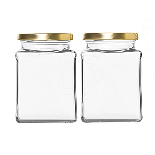 400 ml Kitchen Storage Glass Jar and Container with Rust Proof Air Tight Gold lid with Cap Set of 6, Clear (2 pcs ITC red Checks lid)