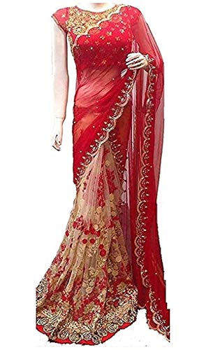 Everwey Women’s Georgette Net Embroidery Saree with Blouse Piece(tev-rangoli red edt) new