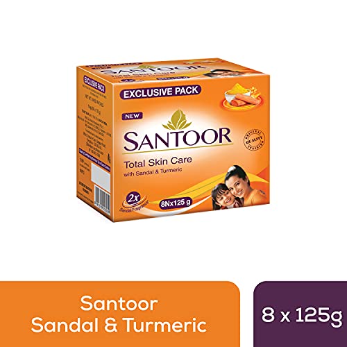 Santoor Sandalwood and Turmeric Bath Soap for Younger Looking and Glowing Skin, Combo Offer, 125 g (Pack of 8)