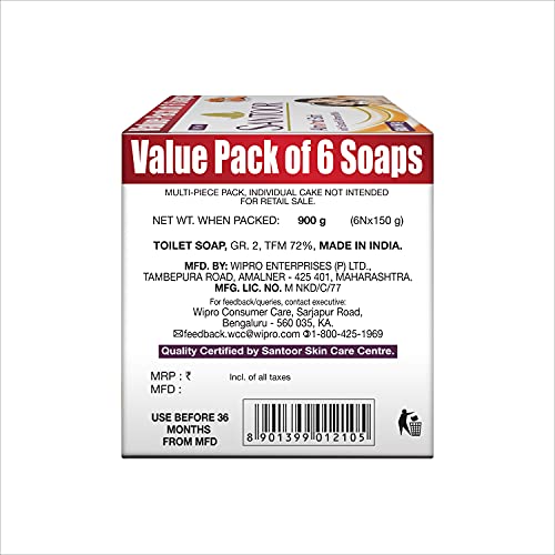 Santoor Sandalwood and Almond milk Organic Soft Bath Soap for Softer, Smoother and Moisturised Skin, Combo Offer 150 g pack of 6