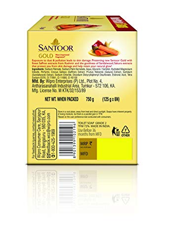 Santoor Gold Organic Luxury Bath Soap with Saffron, Sakura & Sandalwood for a Golden Glow, Combo Offer 125g Pack of 6