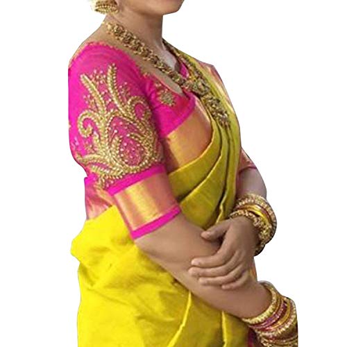 Flosive Women’s Half Design Cotton Kanchipuram and Cotton Embroidery Work Replica Casual Beautiful Saree with Blouse Material for Sadi Offer Marriage(NK- pink work sadie)