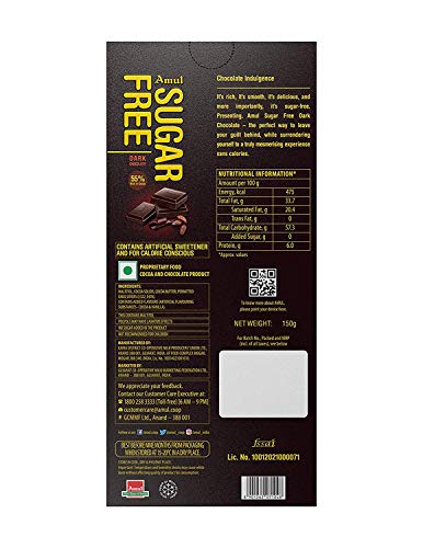 AMUL Sugar Free Dark Chocolate 150 GM. (Pack of 4)