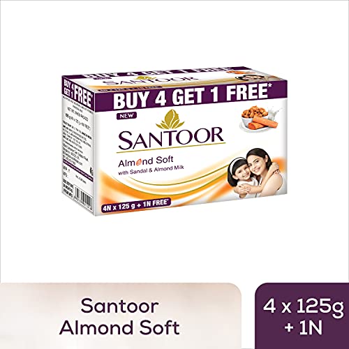 Santoor Sandalwood and Almond milk Organic Soft Bath Soap for Softer, Smoother and Moisturised Skin, Combo Offer 125 g Buy 4 Get 1 Free