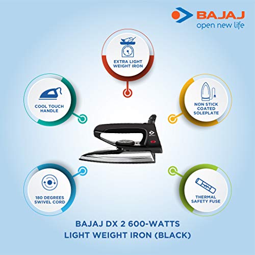 Bajaj DX-2 600W Dry Iron with Advance Soleplate and Anti-Bacterial German Coating Technology, Black