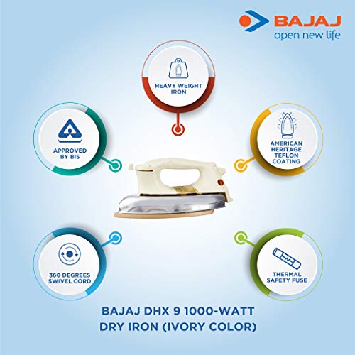 Bajaj DHX-9 1000W Heavy Weight Dry Iron with Advance Soleplate and Anti-Bacterial German Coating Technology, Ivory
