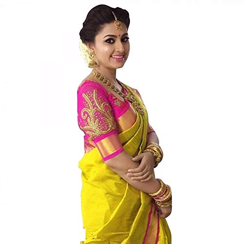 Flosive Women’s Half Design Cotton Kanchipuram and Cotton Embroidery Work Replica Casual Beautiful Saree with Blouse Material for Sadi Offer Marriage(NK- pink work sadie)