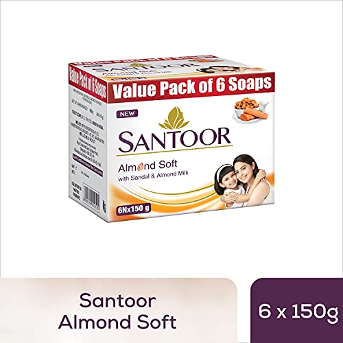 Santoor Sandalwood and Almond milk Organic Soft Bath Soap for Softer, Smoother and Moisturised Skin, Combo Offer 150 g pack of 6