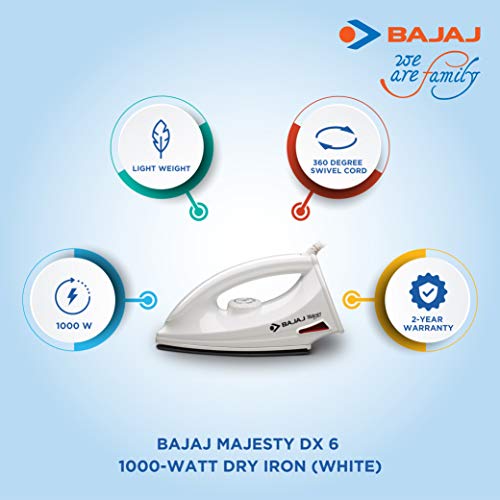 Bajaj DX-6 1000W Dry Iron with Advance Soleplate and Anti-bacterial German Coating Technology, White