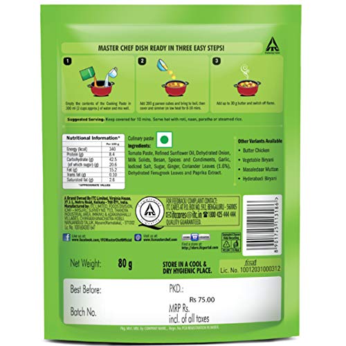 ITC Master Chef Paneer Makhani Cooking Paste 80g, Ready to Cook Spice Mix, Easy to Cook Masala Mix