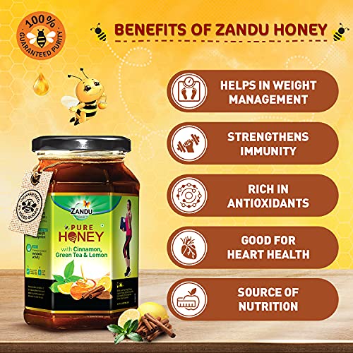 Zandu Pure Honey with Cinnamon, Green Tea & Lemon, 100% Purity, No Added Sugar, 500g