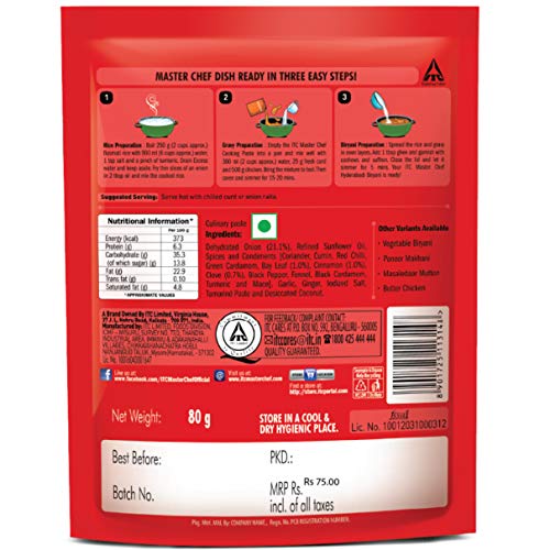 ITC Master Chef Hyderabadi Biryani Cooking Paste 80g, Ready to Cook Spice Mix, Easy to Cook Masala Mix