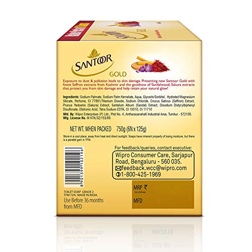 Santoor Gold Organic Luxury Bath Soap with Saffron, Sakura & Sandalwood for a Golden Glow, Combo Offer 125g Pack of 6
