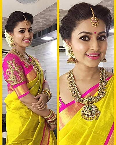 Flosive Women’s Half Design Cotton Kanchipuram and Cotton Embroidery Work Replica Casual Beautiful Saree with Blouse Material for Sadi Offer Marriage(NK- pink work sadie)