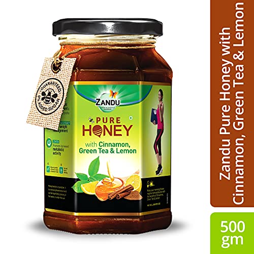 Zandu Pure Honey with Cinnamon, Green Tea & Lemon, 100% Purity, No Added Sugar, 500g