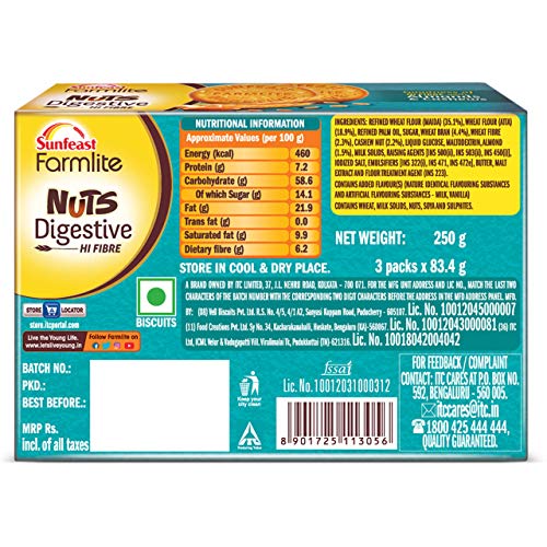 Sunfeast Farmlite Nuts Digestive Biscuit | High Fibre | Goodness of Almonds, Cashews and Wheat Fibre, 250g