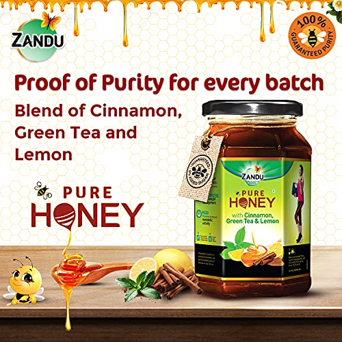 Zandu Pure Honey with Cinnamon, Green Tea & Lemon, 100% Purity, No Added Sugar, 500g