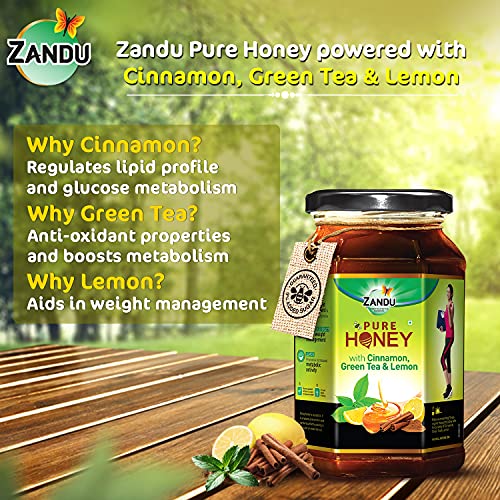 Zandu Pure Honey with Cinnamon, Green Tea & Lemon, 100% Purity, No Added Sugar, 500g