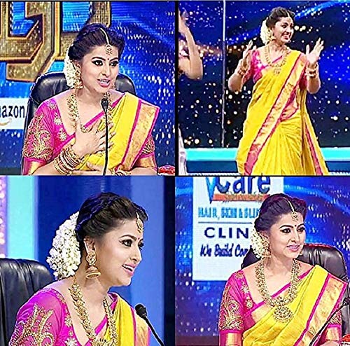 Flosive Women’s Half Design Cotton Kanchipuram and Cotton Embroidery Work Replica Casual Beautiful Saree with Blouse Material for Sadi Offer Marriage(NK- pink work sadie)