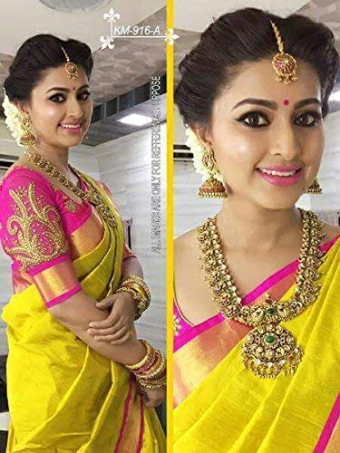 Flosive Women’s Half Design Cotton Kanchipuram and Cotton Embroidery Work Replica Casual Beautiful Saree with Blouse Material for Sadi Offer Marriage(NK- pink work sadie)