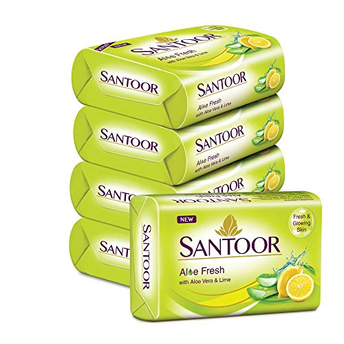 Santoor Aloe Fresh Soap with Aloe Vera and Lime, 125g (Buy 4 Get 1 Free)