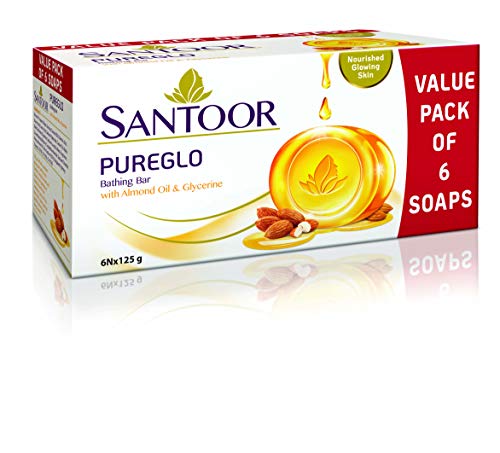 Santoor PureGlo Glycerine Bath Soap with Almond Oil for moisturized, nourished and shining Skin, Combo Offer 125g Pack of 6