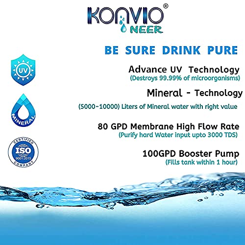 Konvio Neer AquaPious RO + UV + UF + TDS Adjuster Water Purifier with Advance UV and High 3000 TDS Membrane (Green Pious), 15 Liter
